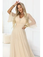 654-2 Dlouhé třpytivé plus size šaty s výstřihem a průhlednými rukávy - šampaňsko-béžové 654-2 Dlouhé třpytivé plus size šaty s výstřihem a průhlednými rukávy - šampaňsko-béžové