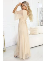 654-2 Dlouhé třpytivé plus size šaty s výstřihem a průhlednými rukávy - šampaňsko-béžové 654-2 Dlouhé třpytivé plus size šaty s výstřihem a průhlednými rukávy - šampaňsko-béžové