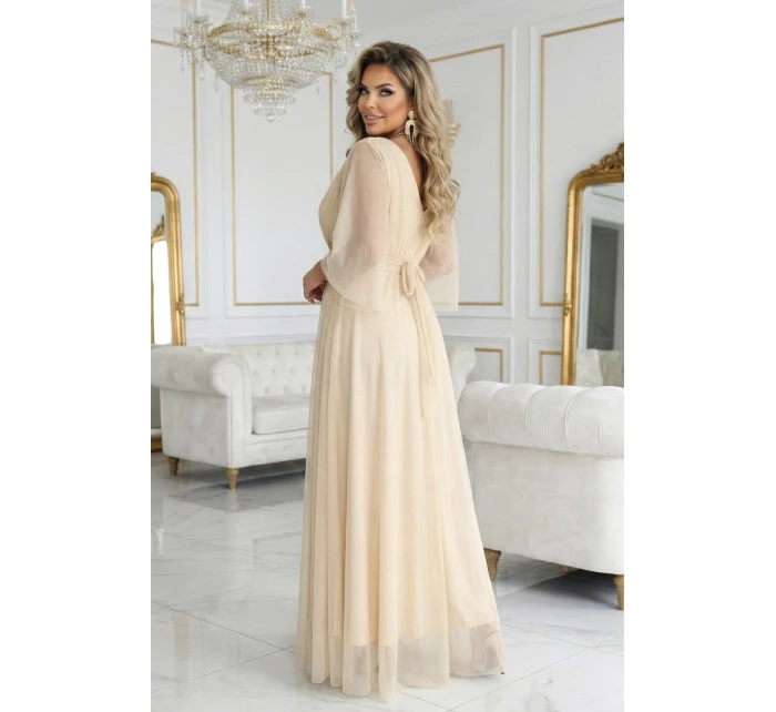 654-2 Dlouhé třpytivé plus size šaty s výstřihem a průhlednými rukávy - šampaňsko-béžové 654-2 Dlouhé třpytivé plus size šaty s výstřihem a průhlednými rukávy - šampaňsko-béžové