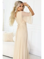 654-2 Dlouhé třpytivé plus size šaty s výstřihem a průhlednými rukávy - šampaňsko-béžové 654-2 Dlouhé třpytivé plus size šaty s výstřihem a průhlednými rukávy - šampaňsko-béžové