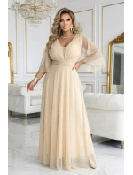 654-2 Dlouhé třpytivé plus size šaty s výstřihem a průhlednými rukávy - šampaňsko-béžové 654-2 Dlouhé třpytivé plus size šaty s výstřihem a průhlednými rukávy - šampaňsko-béžové