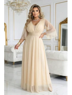 654-2 Dlouhé třpytivé plus size šaty s výstřihem a průhlednými rukávy - šampaňsko-béžové