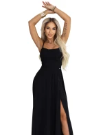 Maxi šaty bez ramínek s zavazováním na zádech a rozparkem černé model 21955148 - numoco Maxi šaty bez ramínek s zavazováním na zádech a rozparkem černé model 21955148 - numoco