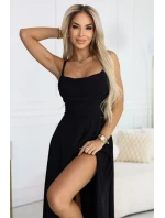 Maxi šaty bez ramínek s zavazováním na zádech a rozparkem černé model 21955148 - numoco Maxi šaty bez ramínek s zavazováním na zádech a rozparkem černé model 21955148 - numoco