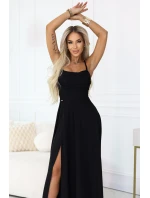 Maxi šaty bez ramínek s zavazováním na zádech a rozparkem černé model 21955148 - numoco Maxi šaty bez ramínek s zavazováním na zádech a rozparkem černé model 21955148 - numoco