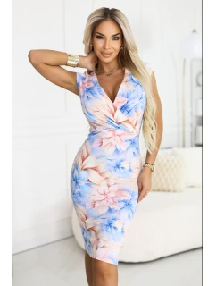 379-7 BOYKA Přiléhavé midi šaty s obálkovým výstřihem - modré a béžové květy