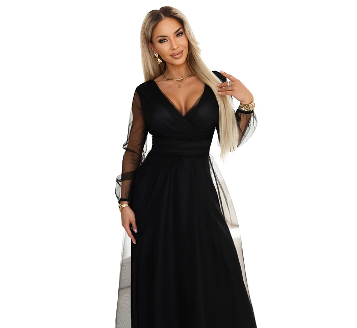 664-3 Dlouhé maxi šaty s tylovými rukávy a obálkovým výstřihem - černé 664-3 Dlouhé maxi šaty s tylovými rukávy a obálkovým výstřihem - černé