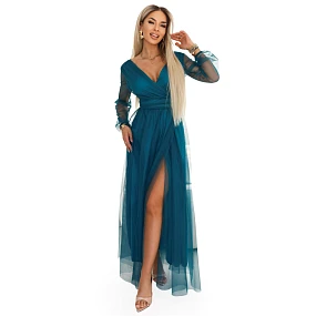 Dlouhé maxi šaty s rukávy a obálkovým výstřihem lahvově zelené model 22045483 - numoco basic Dlouhé maxi šaty s rukávy a obálkovým výstřihem lahvově zelené model 22045483 - numoco basic