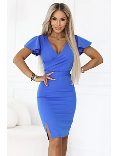 479-12 NINA elegantní šaty s obálkovým výstřihem, rukávy a páskem - královská modř