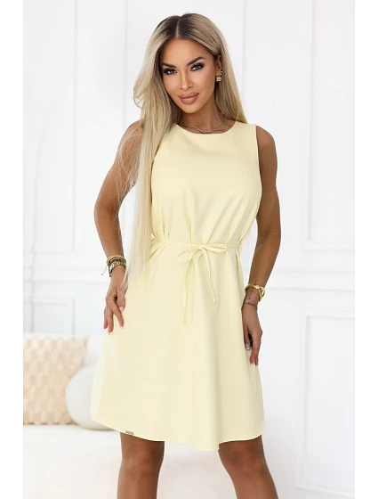 296-16 VICTORIA Trapézové šaty bez rukávů s páskem - máslově žluté 296-16 VICTORIA Trapézové šaty bez rukávů s páskem - máslově žluté