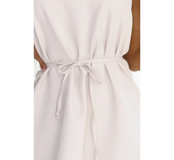 296-17 VICTORIA Trapézové šaty bez rukávů s páskem - béžové 296-17 VICTORIA Trapézové šaty bez rukávů s páskem - béžové