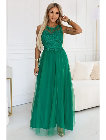 672-3 Romantické svatební maxi šaty s vyšívanou krajkou a tylem - zelené