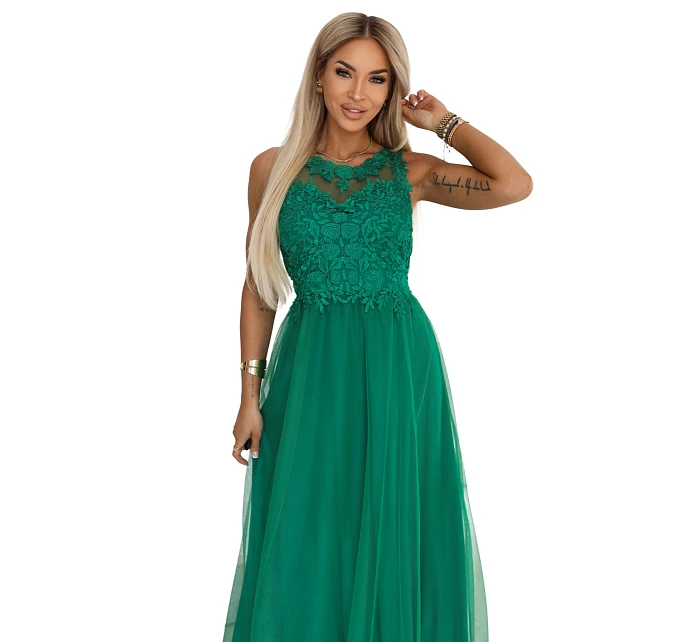 672-3 Romantické svatební maxi šaty s vyšívanou krajkou a tylem - zelené 672-3 Romantické svatební maxi šaty s vyšívanou krajkou a tylem - zelené