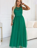 672-3 Romantické svatební maxi šaty s vyšívanou krajkou a tylem - zelené