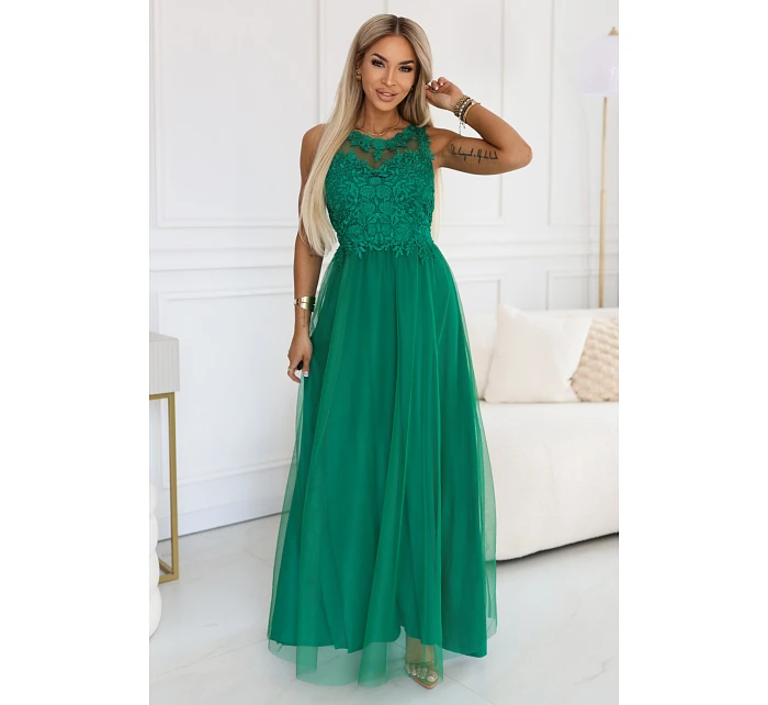 672-3 Romantické svatební maxi šaty s vyšívanou krajkou a tylem - zelené 672-3 Romantické svatební maxi šaty s vyšívanou krajkou a tylem - zelené