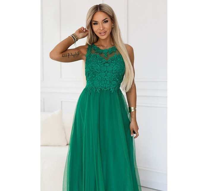 672-3 Romantické svatební maxi šaty s vyšívanou krajkou a tylem - zelené 672-3 Romantické svatební maxi šaty s vyšívanou krajkou a tylem - zelené