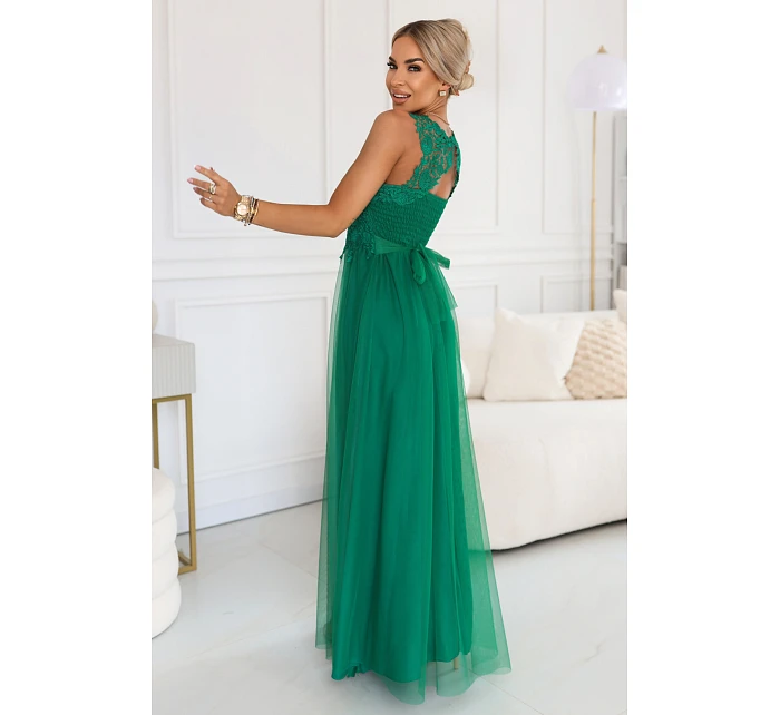 672-3 Romantické svatební maxi šaty s vyšívanou krajkou a tylem - zelené 672-3 Romantické svatební maxi šaty s vyšívanou krajkou a tylem - zelené