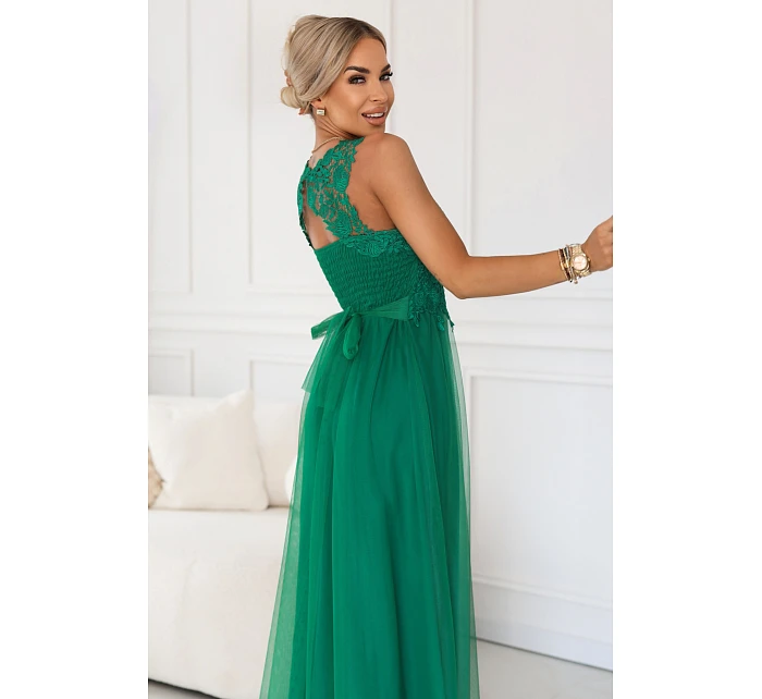 672-3 Romantické svatební maxi šaty s vyšívanou krajkou a tylem - zelené 672-3 Romantické svatební maxi šaty s vyšívanou krajkou a tylem - zelené