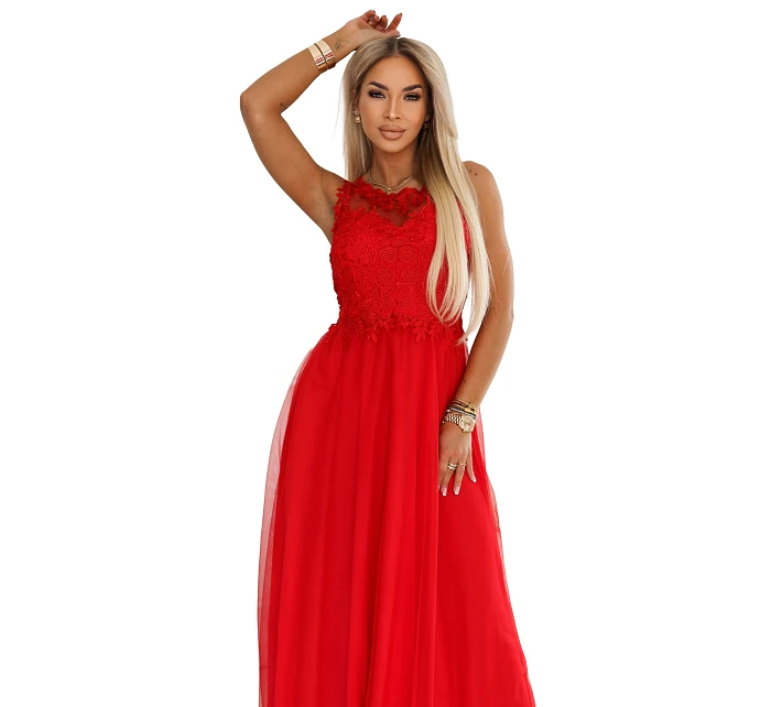 672-5 Romantické svatební maxi šaty s vyšívanou krajkou a tylem - červené 672-5 Romantické svatební maxi šaty s vyšívanou krajkou a tylem - červené