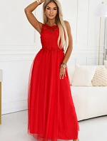 672-5 Romantické svatební maxi šaty s vyšívanou krajkou a tylem - červené