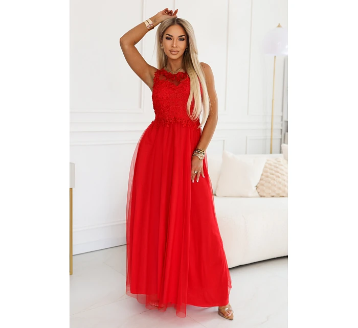 672-5 Romantické svatební maxi šaty s vyšívanou krajkou a tylem - červené 672-5 Romantické svatební maxi šaty s vyšívanou krajkou a tylem - červené