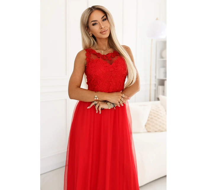 672-5 Romantické svatební maxi šaty s vyšívanou krajkou a tylem - červené 672-5 Romantické svatební maxi šaty s vyšívanou krajkou a tylem - červené