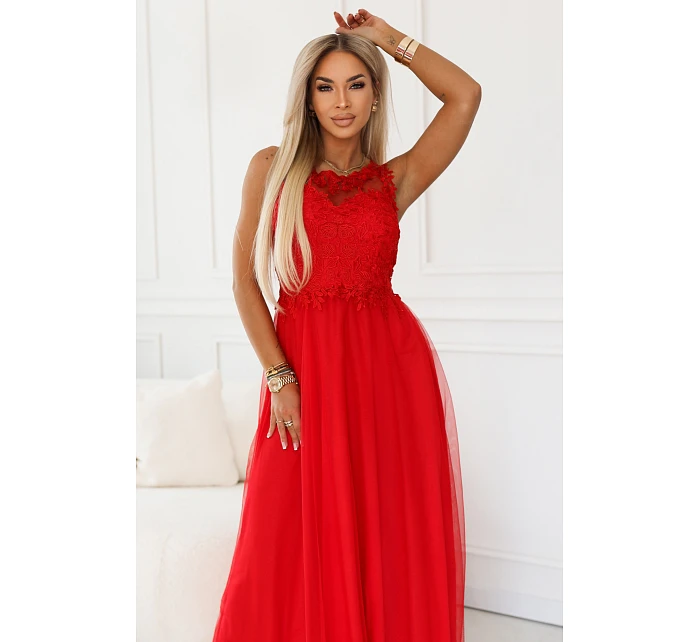 672-5 Romantické svatební maxi šaty s vyšívanou krajkou a tylem - červené 672-5 Romantické svatební maxi šaty s vyšívanou krajkou a tylem - červené