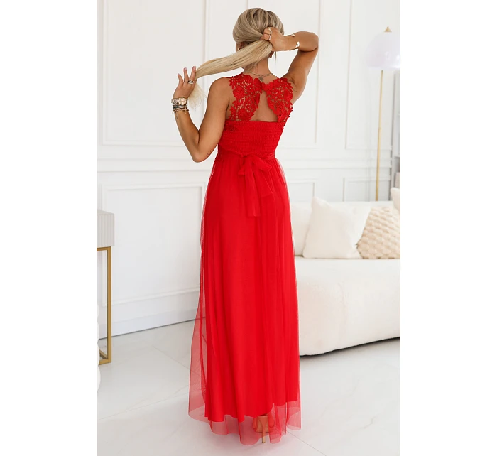 672-5 Romantické svatební maxi šaty s vyšívanou krajkou a tylem - červené 672-5 Romantické svatební maxi šaty s vyšívanou krajkou a tylem - červené