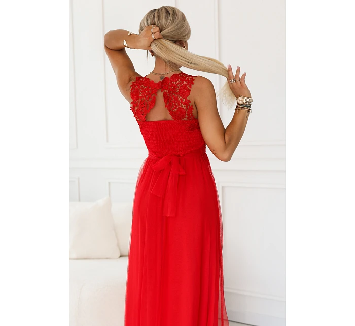 672-5 Romantické svatební maxi šaty s vyšívanou krajkou a tylem - červené 672-5 Romantické svatební maxi šaty s vyšívanou krajkou a tylem - červené
