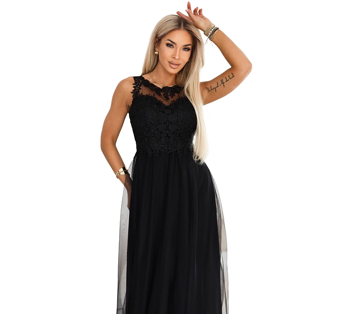 672-4 Romantické maxi šaty s vyšívanou krajkou a tylem - černé 672-4 Romantické maxi šaty s vyšívanou krajkou a tylem - černé