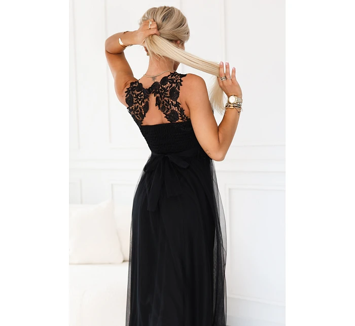 672-4 Romantické maxi šaty s vyšívanou krajkou a tylem - černé 672-4 Romantické maxi šaty s vyšívanou krajkou a tylem - černé