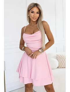 677-2 Šaty bez ramínek s vodním výstřihem a volánovou sukní - cukrově růžové