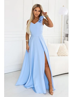 643-7 Elegantní večerní maxi šaty s rozparkem a růžemi - modré