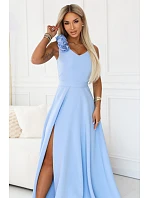 643-7 Elegantní večerní maxi šaty s rozparkem a růžemi - modré