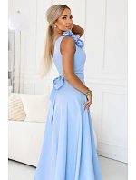 643-7 Elegantní večerní maxi šaty s rozparkem a růžemi - modré