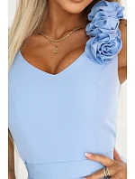 643-7 Elegantní večerní maxi šaty s rozparkem a růžemi - modré