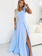 643-7 Elegantní večerní maxi šaty s rozparkem a růžemi - modré