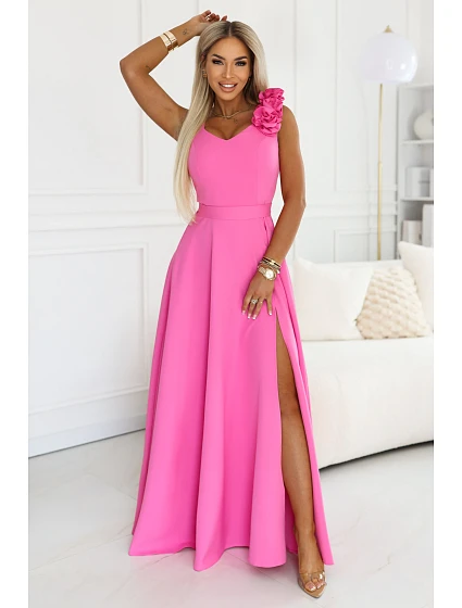 643-6 Elegantní večerní maxi šaty s rozparkem a růžemi - cukrově růžové