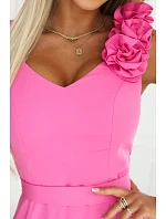 643-6 Elegantní večerní maxi šaty s rozparkem a růžemi - cukrově růžové