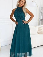 636-4 VERONICA – luxusní dlouhé šaty s brokátovým detailem a elegantním střihem – zelené