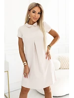 688-1 LIORA Elegantní minišaty ve tvaru lichoběžníku s límečkem – světle béžové