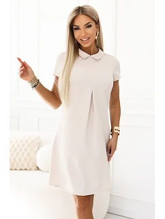 688-1 LIORA Elegantní minišaty ve tvaru lichoběžníku s límečkem – světle béžové