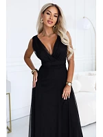 687-1 Elegantní maxi šaty s výstřihem do V a odhalenými zády – černé
