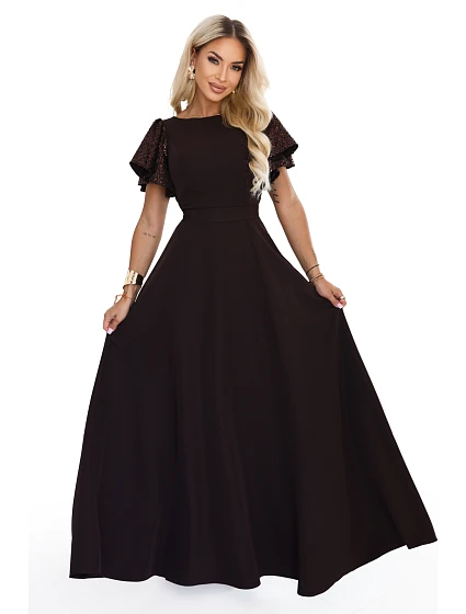 Elegantní se maxi šaty s rukávy – hnědá model 22356547 - numoco Elegantní se maxi šaty s rukávy – hnědá model 22356547 - numoco