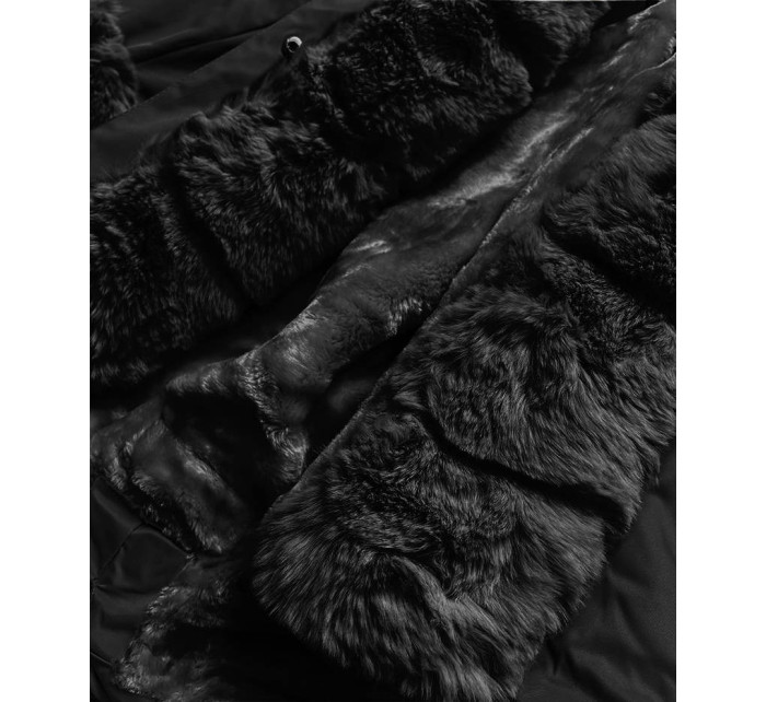 Černá dámská zimní bunda parka s mechovitým kožíškem (BR529-101)
