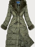Dlouhá zimní bunda s kožešinovým límcem khaki (j9-071)