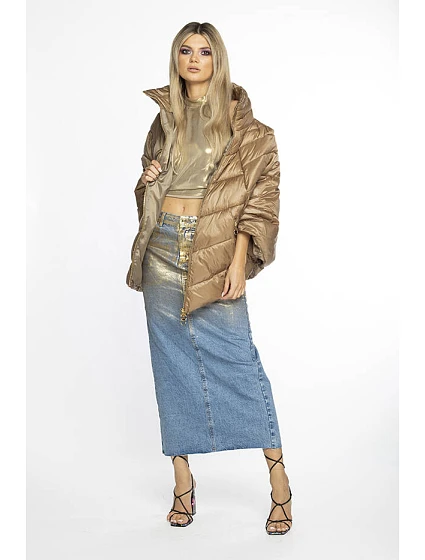 Tmavě béžová dámská bunda pončo s ozdobnými zipy model 19035476 - Ann Gissy Tmavě béžová dámská bunda pončo s ozdobnými zipy model 19035476 - Ann Gissy
