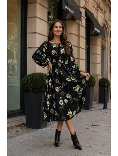 Květinové kimono šaty s kulatým výstřihem Ann Gissy černá/béžová (XY202116)