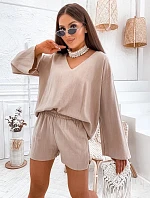 Lněná souprava oversize halenka a šortky cappuccino (752)