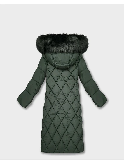 Dlouhá dámská zimní bunda v lahvově zelené barvě s kapucí model 21248699 - Libland